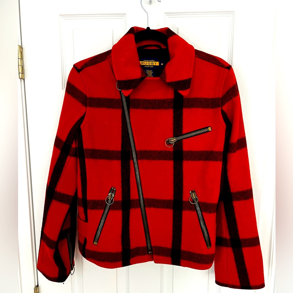 Red/orange Rugby wool jacket, asymmetric zipper